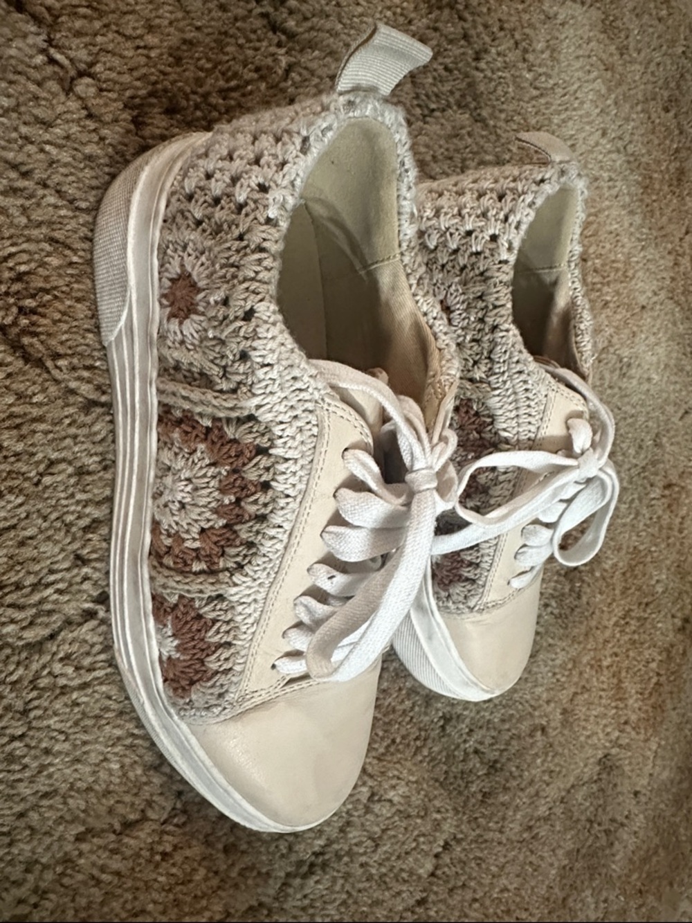 Lucky Brand Crochet Lace-Up Sneakers in Cream and Brown Accent